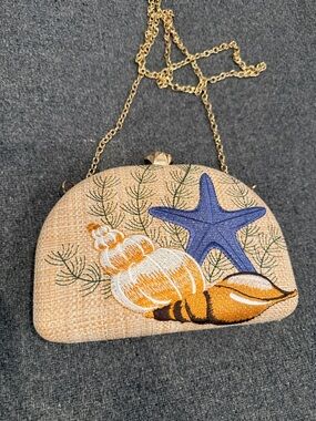 Beach Embroidered and Textured Hard Shell Clutch with Gold Chain